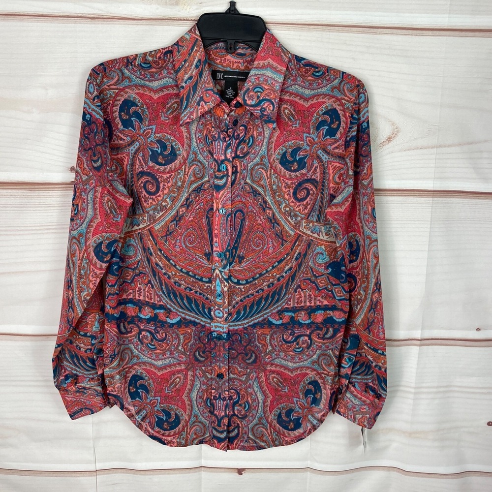 INC Concepts Top Womens 2 Multicolor Paisley Blouse Button Up Long Sleeve Woven
